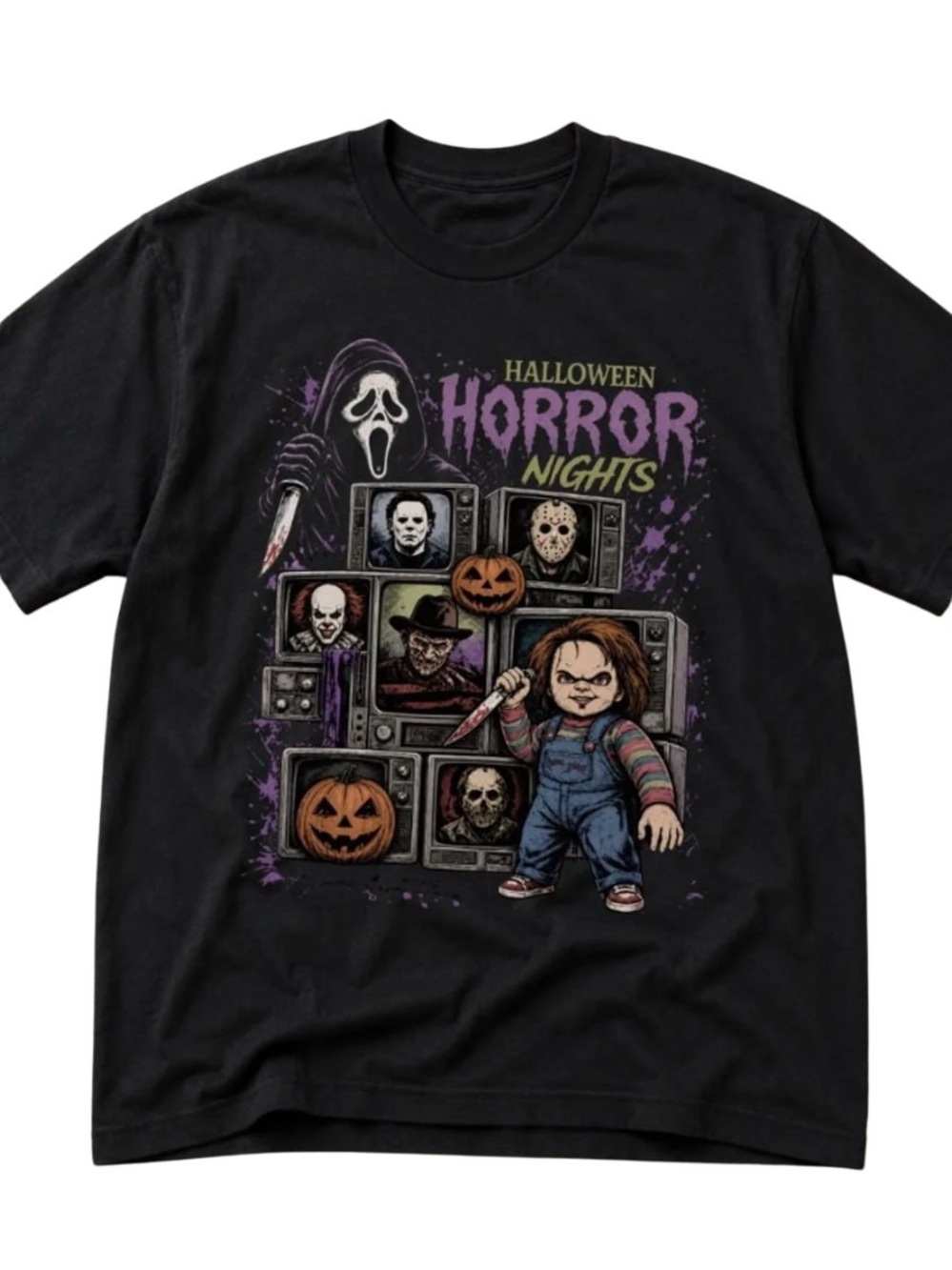 Black Halloween Horror Nights Graphic Tee with Purple Accents